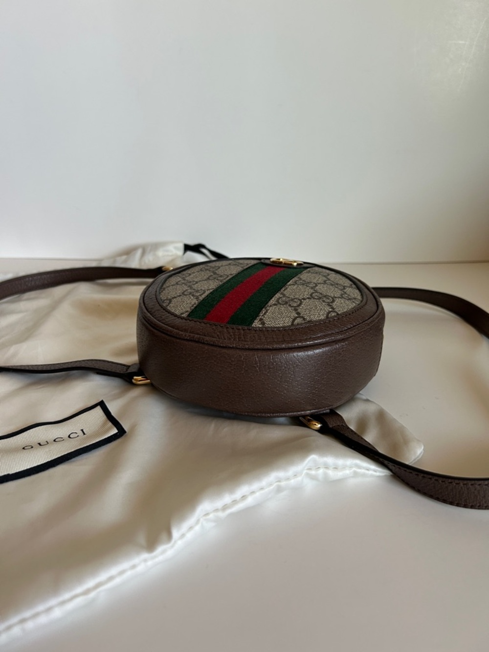 Gucci Brown GG Web Round Crossbody with Green & Red Stripe - Picture 4 of 5